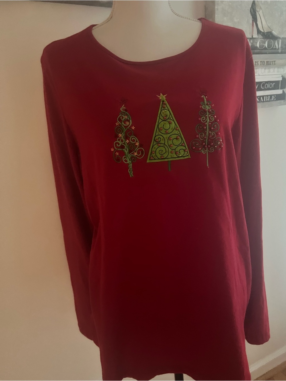 Kim Rogers Red Long-Sleeve Top with Green Tree Motifs